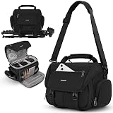 RAINSMORE Camera Bag, DSLR/SLR/Mirrorless Camera Sling Bag for Photographers Waterproof Small Camera Case with Tripod Holder & Rain Cover Camera Crossbody Bag for Canon/Nikon/Sony/Fuji, Black