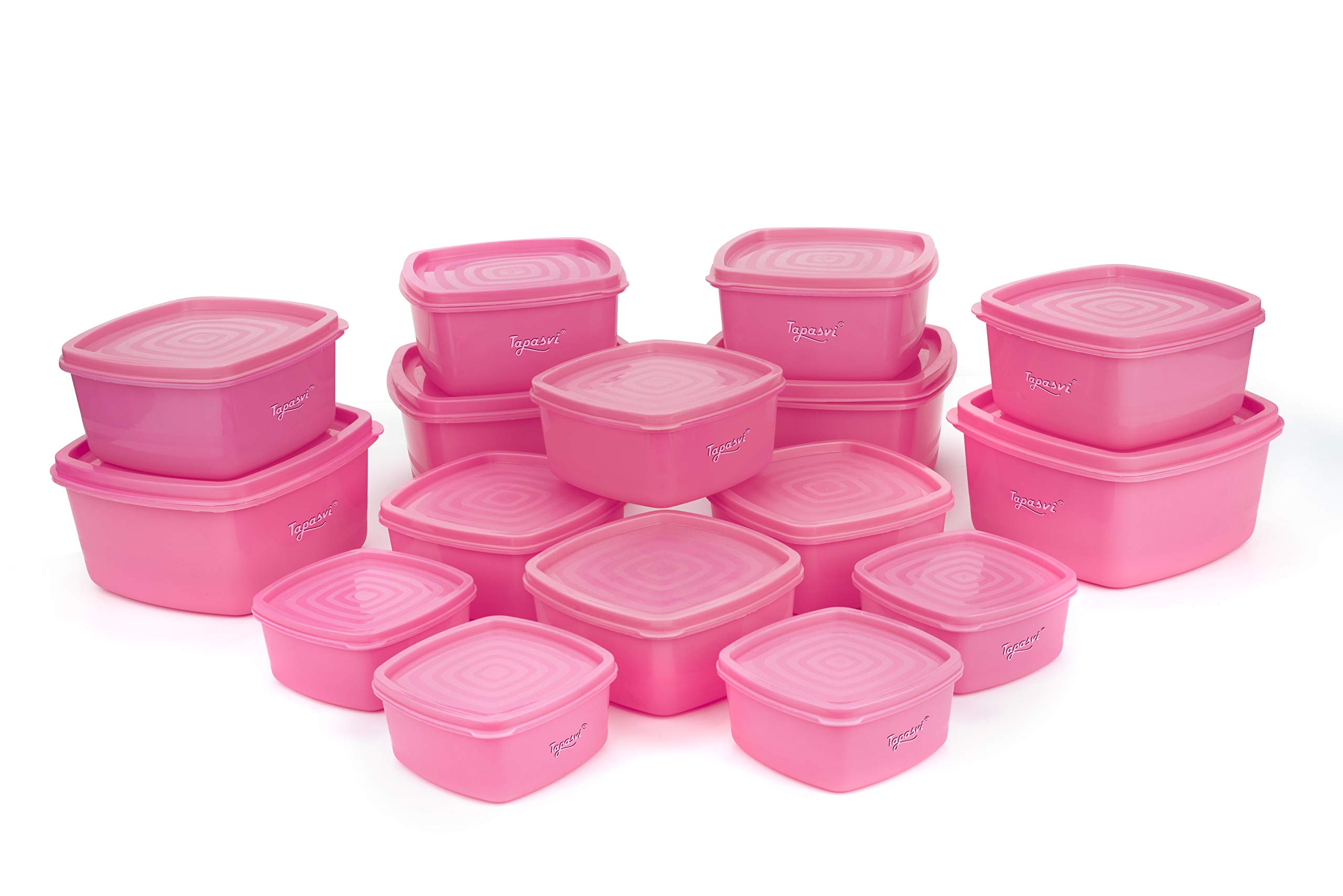 TAPASVI WITH DEVICE OF LEAF® Plastic Airtight Kitchen Grocery Jar Storage Containers Masala Box Sets Idle for Food, Grain, Rice, Pasta, Spices, 250 ml, 500 ml, 750 ml, 1350 ml, Pink - Pack of 16
