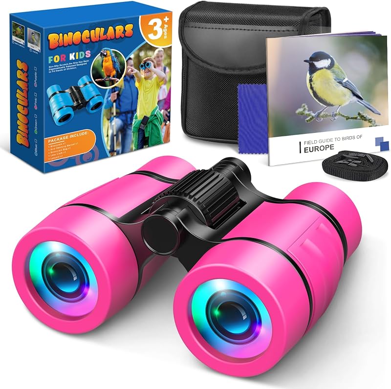 HappyKidsClub Kids Binoculars for Girls 3-9 Educational Gift Pink 4x