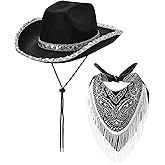 Kajoeiae Women's Cowgirl Costume Sets Bandana Wide Brim Sequins Cowboy Hat with Tassel Scarf Western Style Party Supplies