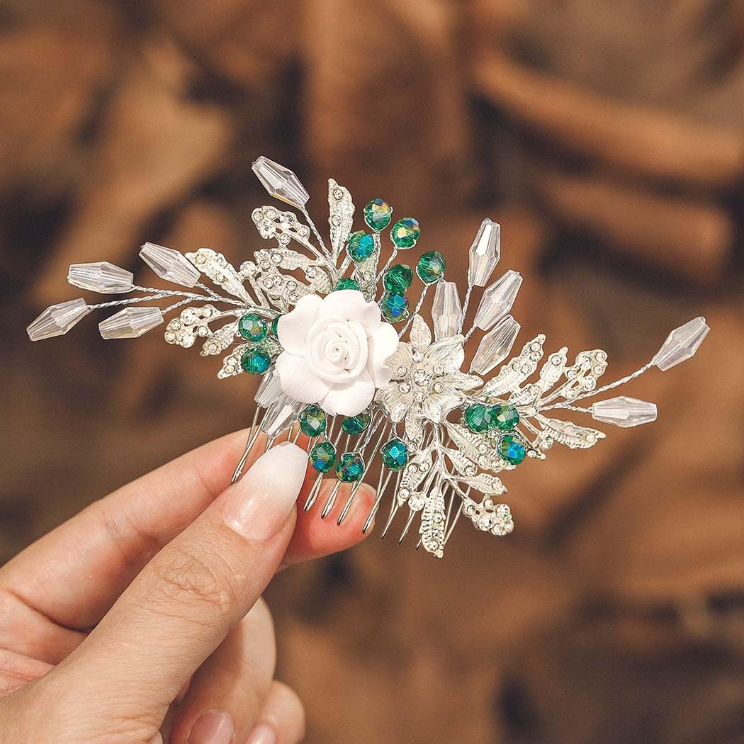 IYOU Women Wedding Hair Comb Silver Flower Headpiece Leaf Beads Hair Piece Guest Prom Hair Accessories for Bride and Bridesmaid