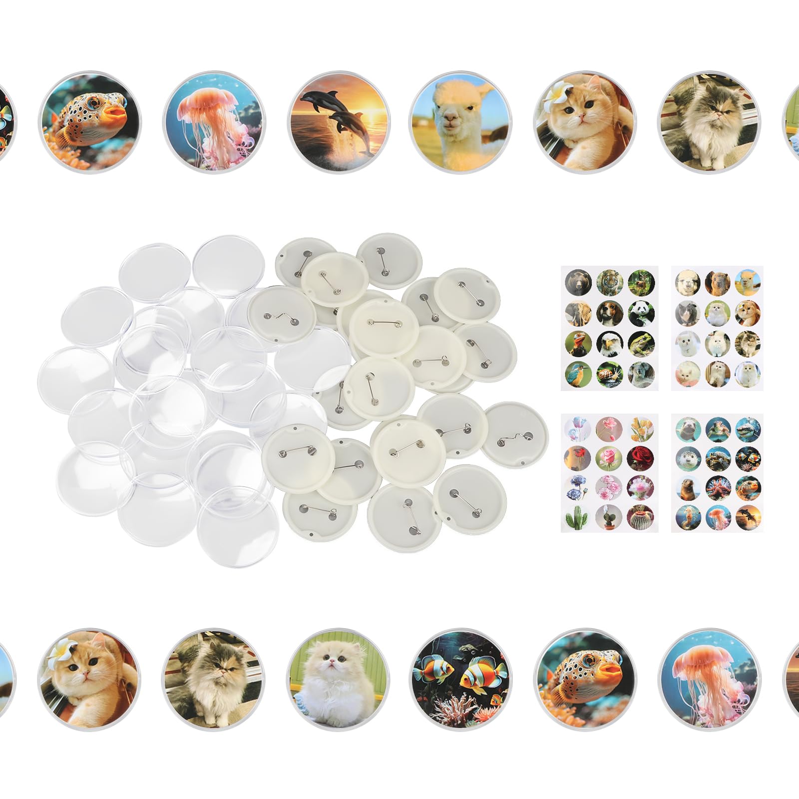 Domigard 48 Pack 2 Inch Clear Button Pins,Acrylic Blank Button Pins Bulk with 48 Pcs Buttons Parts Pictures for Make Your Own Buttons Badge Maker DIY Crafts Supplies