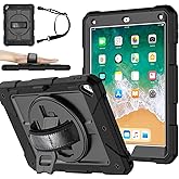 MENZO Kid-Friendly Case for iPad 9.7" 5th/6th Generation/Air 2/Pro, Black | iPad 5th/6th Gen, Air 2 &amp; Pro 9.7" 2016, 360&deg; Swivel Stand, Pencil Holder, Strap Included, Full-Body Drop Protection