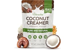 Veltracha Mushroom Coffee Creamer, Superfood Coconut Creamer Powder with 6 Adaptogenic Mushrooms - Reishi, Turkey Tail, Lions Mane, Non-Dairy Coconut Powdered Creamer for Energy & Focus & Digestion, 30 Servings