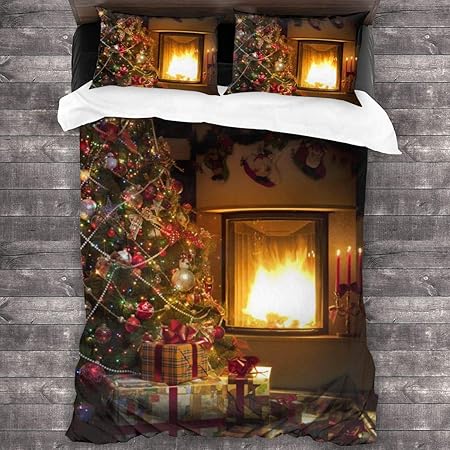 Immagini Natalizie Con Camino.Starodec Set Biancheria Da Letto Albero Di Natale Interno Con Camino E Confezione Regalo Di Natale Set Copripiumino In Microfibra 1 Copripiumino And 2 Federe 200 200cm Amazon It Casa E Cucina