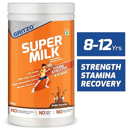 Gritzo SuperMilk, Easy to Absorb Protein Health Drink for Kids (8-12 Yrs) with Calcium + D3, Iron, Magnesium, B12. No Refined Sugar, Double Chocolate, 400g