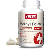 Jarrow Extra Strength Methyl Folate, Folate 400 mcg, 60 Capsules | Dietary Supplement for Cardiovascular and Neurologic Health Support, 60 Day Supply
