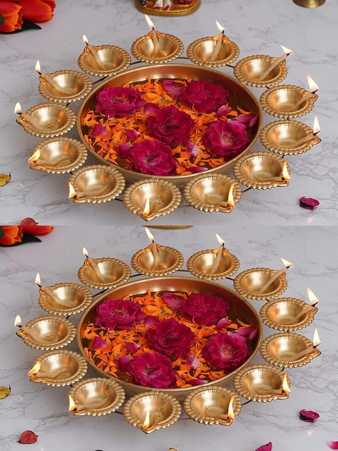 Kalakriti 2 Pcs Metal Indian Decorative Urli Bowl Set |Home Table Flower Decoration |Urli Diya Diwali Navratri Pooja HouseWarming Haldi Decor |Return Gifts, 14 Inch Each