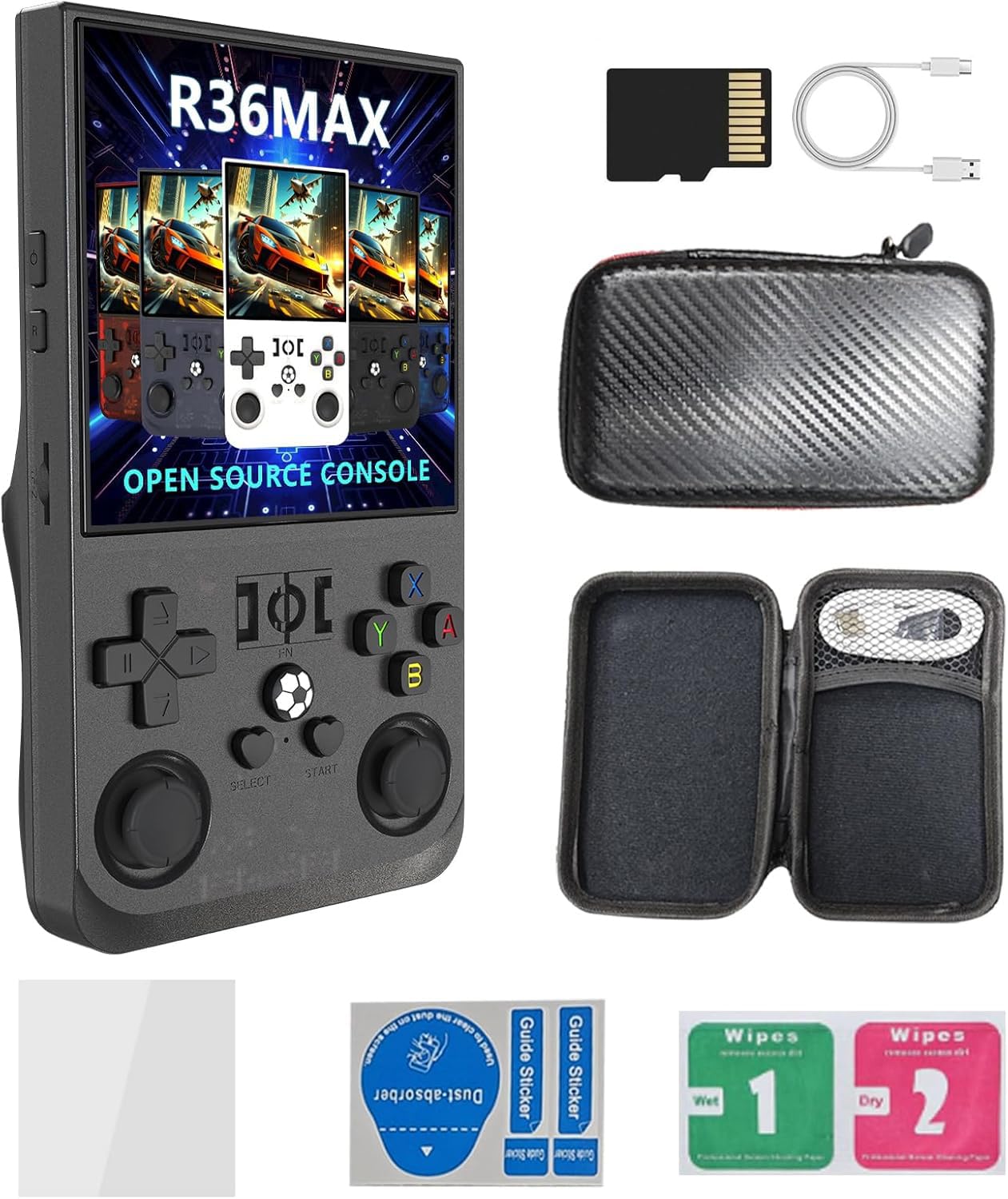 Photo 1 of R36MAX Handheld Game Console, 4.0 Inch IPS Screen Linux System 4000mAh Rechargeable Portable Pocket Arcade with 64GB TF Card, Built in 18000+ Games, Retro Video Games Player for Kids & Adults