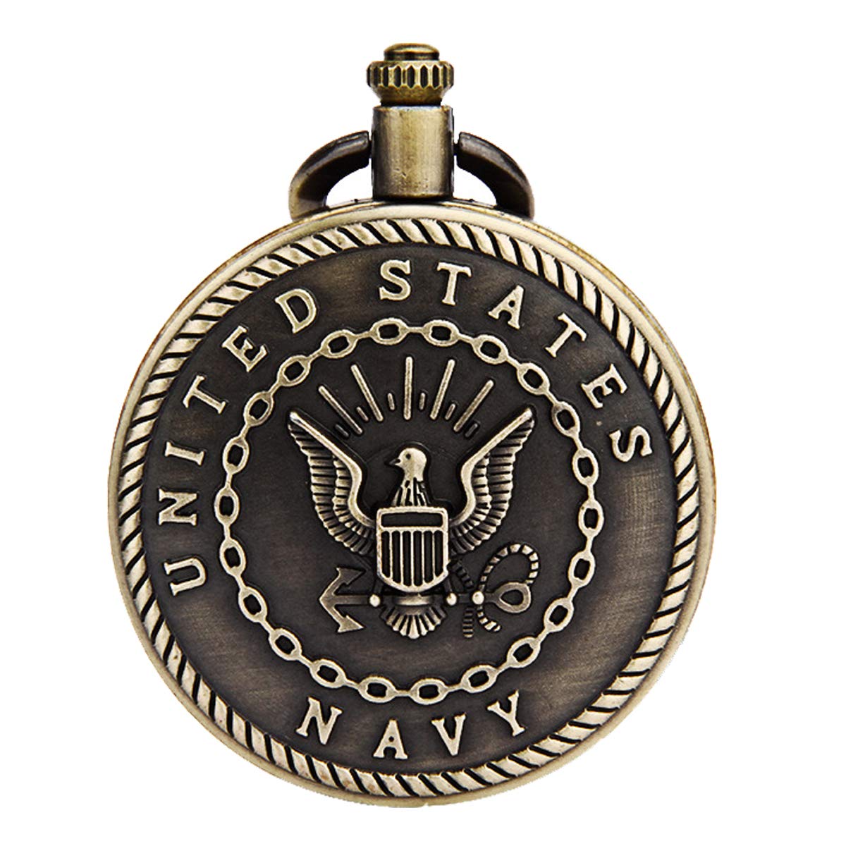 JewelryWe Bronze Retro United States Navy Engraved Men's Quartz Pocket Watch 31.5 Inch Chain