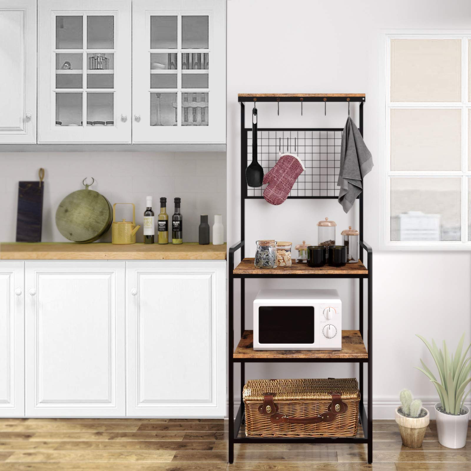 BEEWOOT Kitchen Bakers Rack?Bakers Rack, Kitchen Rack, Industrial Style?for Spice Rack Organizer Workstation with 10 Hooks, Stable Metal Frame and Easy Assembly?Rustic Brown BR01BB007