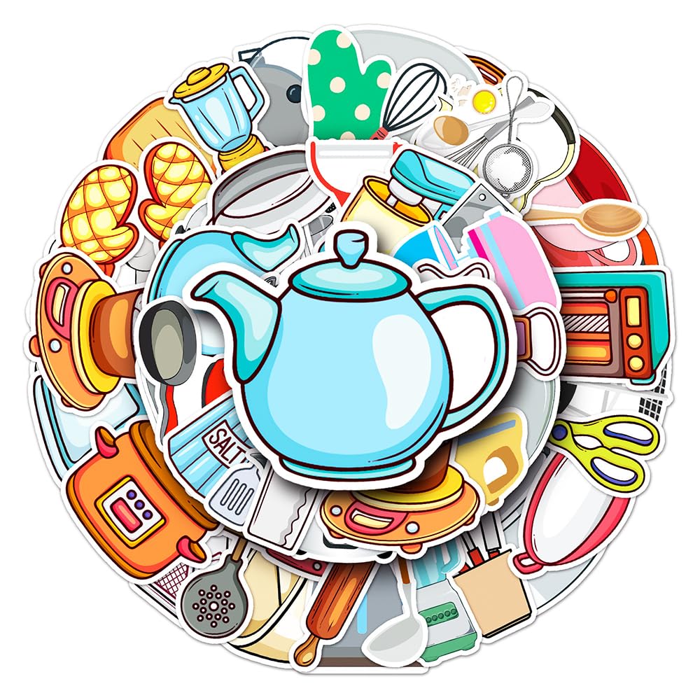 Cartoon Kitchen Tool Vinyl Stickers, 50 PCS Waterproof Illustrated Object Decals for Laptops, Scrapbooking, Journals, Notebooks, Water Bottles, Suitcases, Phones & DIY Decor