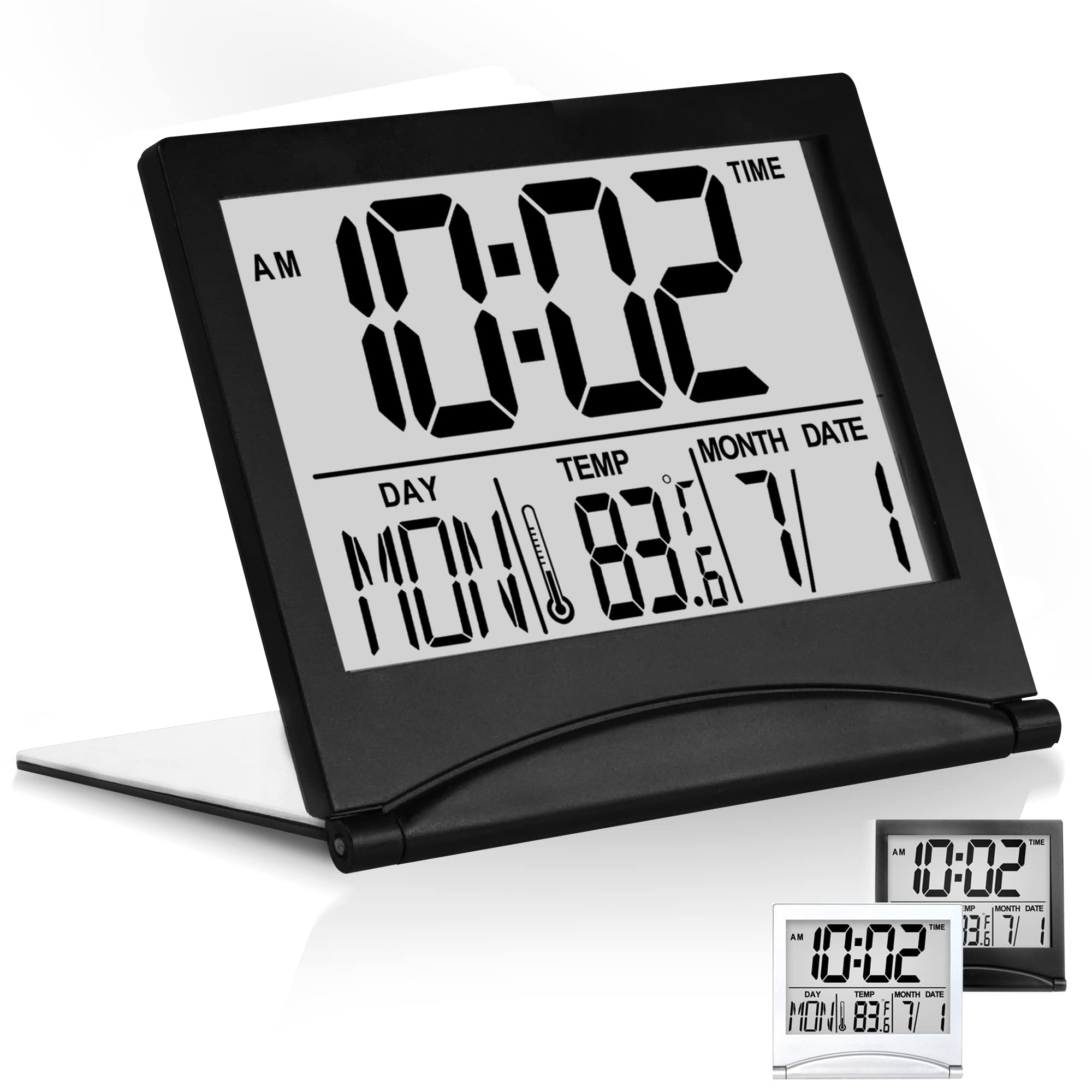 Photo 1 of Betus Digital Travel Alarm Clock - Foldable Calendar & Temperature & Timer LCD Clock with Snooze Mode - Large Number Display, Battery Operated - Compact Desk Clock for All Ages (Black)