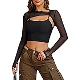 Avidlove Women Sexy Long Sleeve Mesh Crop Top Solid Cover Up with Spaghetti Strap Cami Top 2 Pieces Clubwear with Thumb Holes