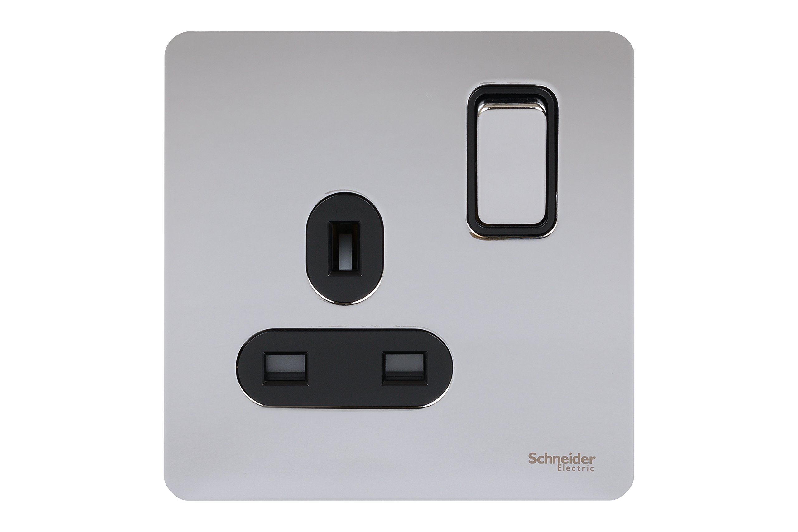 Schneider Electric Ultimate Screwless Flat Plate 13a Switched Single Socket Polished Chrome Black Insert