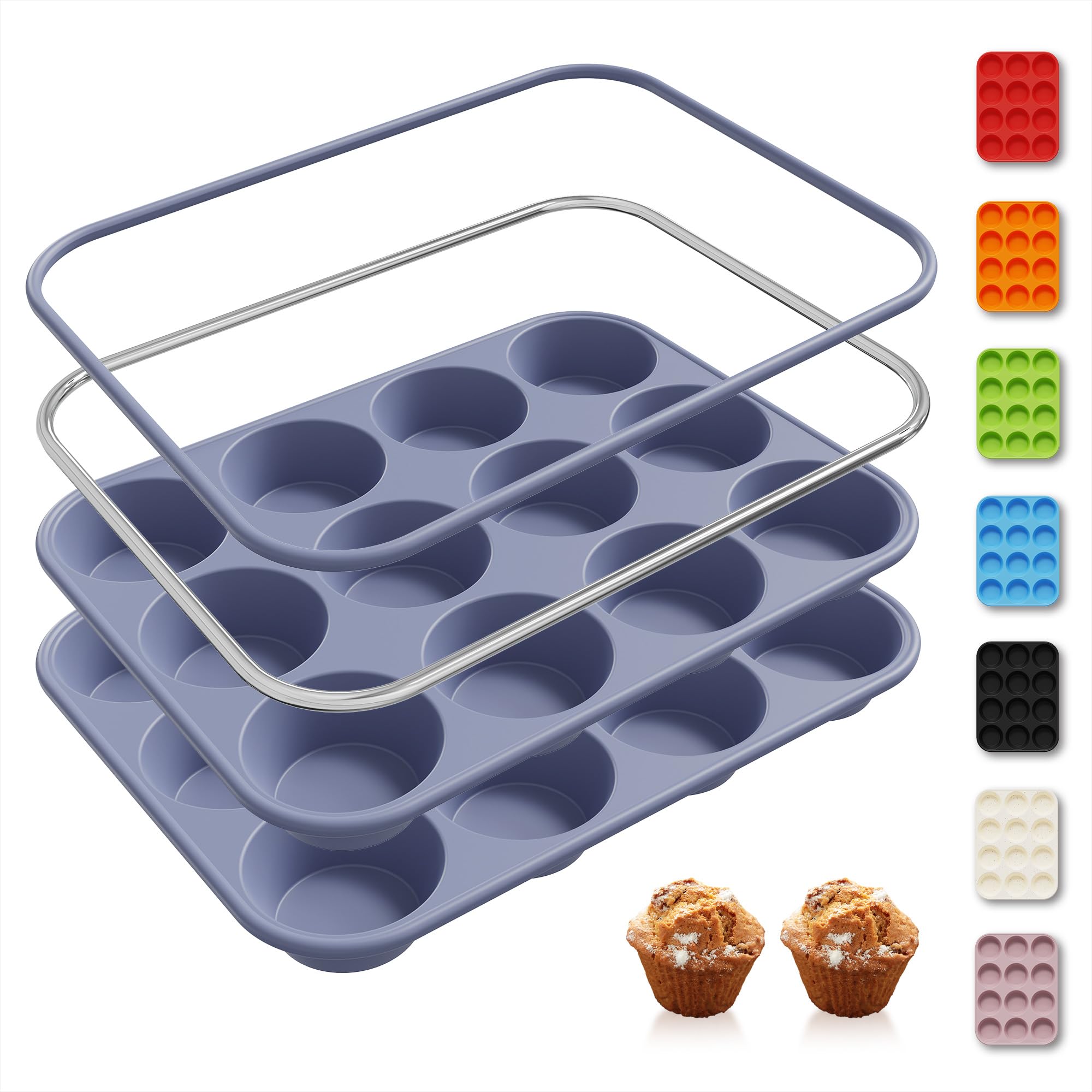 Photo 1 of 2 Pack 12 Cups Silicone Muffin Pan with Metal Reinforced Frame Regular Size Silicone Molds Cupcake Cake Baking Pans Cookie Baking Chocoflan Cupcake Mold Muffin Top Pan Flanera Housewarming Gift