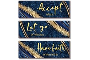 ONIZHITY 3 Pcs Blue and Gold Bathroom Wall Decor Large Navy Blue Gold Wall Decor Accept Let Go Have Faith Marble Style Versatile Home Art for Motivation Bedroom Living Room Office (Blue Gold 16x5