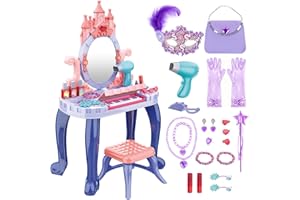 deAO Toddler Vanity Makeup Table Toys for Girls Kids Vanity Makeup Table with Mirror and Chair Electronic Organ Music Gift for Girls 3 + Years Old