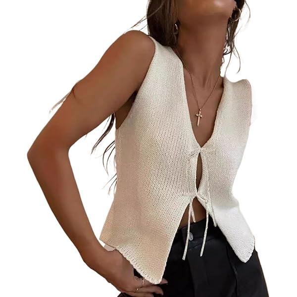 Meihuida Women Vest Top Tie Front Y2k Crochet Knit V Neck