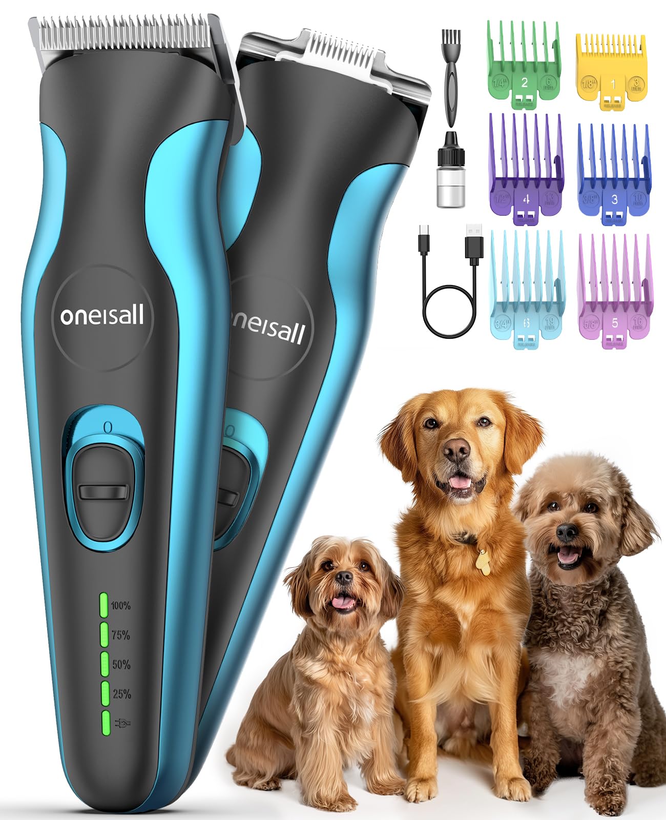 oneisall Dog Clippers & Paw Trimmer Dual Blade Grooming Kit, Dog Grooming Clippers with Stainless Steel Blade for Thick Hair, Cordless Low Noise Pet Clippers for Small, Medium and Large Dogs