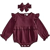 Mobbdow Newborn Infant Baby Girl Clothes Cotton Linen Long Sleeve Smocked Bubble Romper Ruffle Bodysuit Jumpsuit Fall Outfit