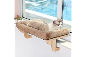 Zakkart Cat Perch for Window Sill with Bolster - Orthopedic Hammock Design with Premium Hardwood & Robust Metal Frame - Cat Window Seat for Large Cats and Kittens - Nartural Color Wood with Brown Bed