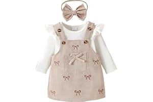 3pcs Toddler Girl fall Outfits Spring Clothes long Sleeve Romper + Overalls dress + Bow headband