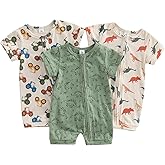 BULINGNA Newborn Baby Boy 3-Pack Jumpsuits Short Sleeve Dinosaur Truck Print Zip Up Bodysuits Infant Rompers