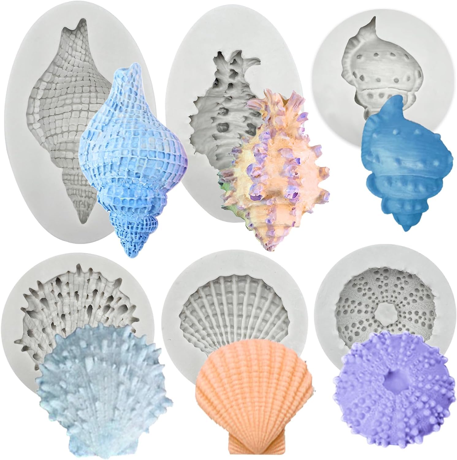 Selecto Bake Marine Theme Fondant Silicone Moulds 3D Ocean Animals Cake Chocolate Sea Shell Conch Cake Decorations Icing Candy Soap Baking Mold Tools Kitchen Sugarcraft DIY Handmade Gift Style of 6