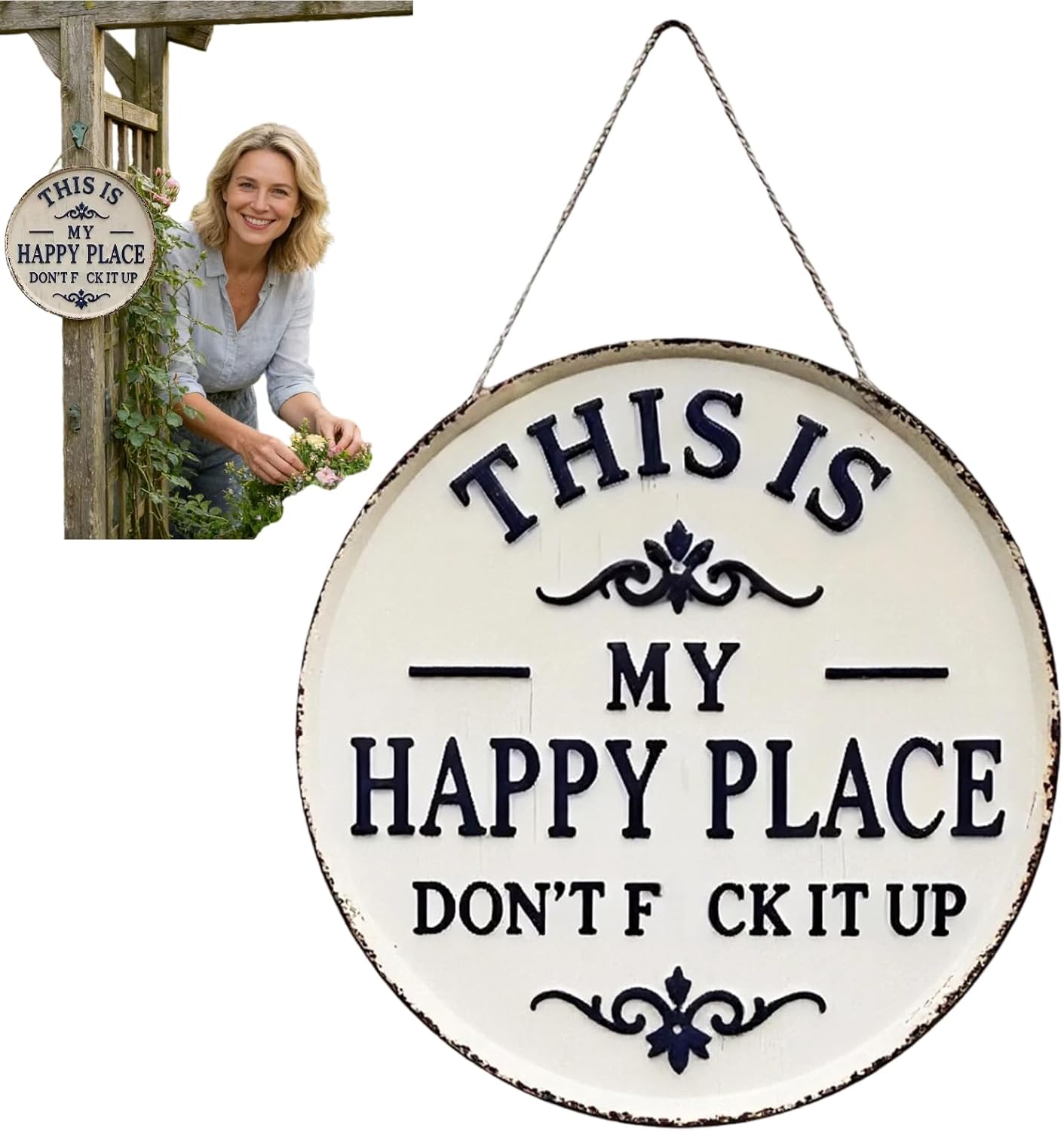 Happy Place Door Sign, “This is My Happy Place Don’t F*ck It Up” Vintage Welcome Metal Sign Round Wall Decor, Funny Rustic Garden Plaque for Front Door Home Kitchen Patio Housewarming Gift (40cm)