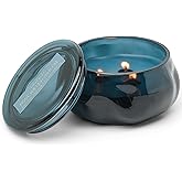 Paddywax Basalt Collection Scented Candle, Soy Wax Blend Glass Jar with Lid, Reusable Home Décor Candle, 10 oz, Navy Vessel, Rosewater Santal