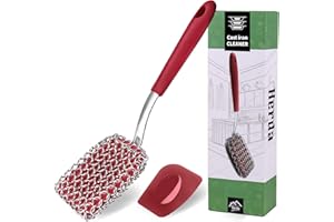 HERDA Cast Iron Brush Scrubber Cast Iron Cleaner Chainmail Scrubber with Handle + Pan Scraper Tool - 316 Chain Maille Brush to Clean Pan Pot Skillet Grill Griddle, Metal Scrub Wok Carbon Dutch Oven Cleaning