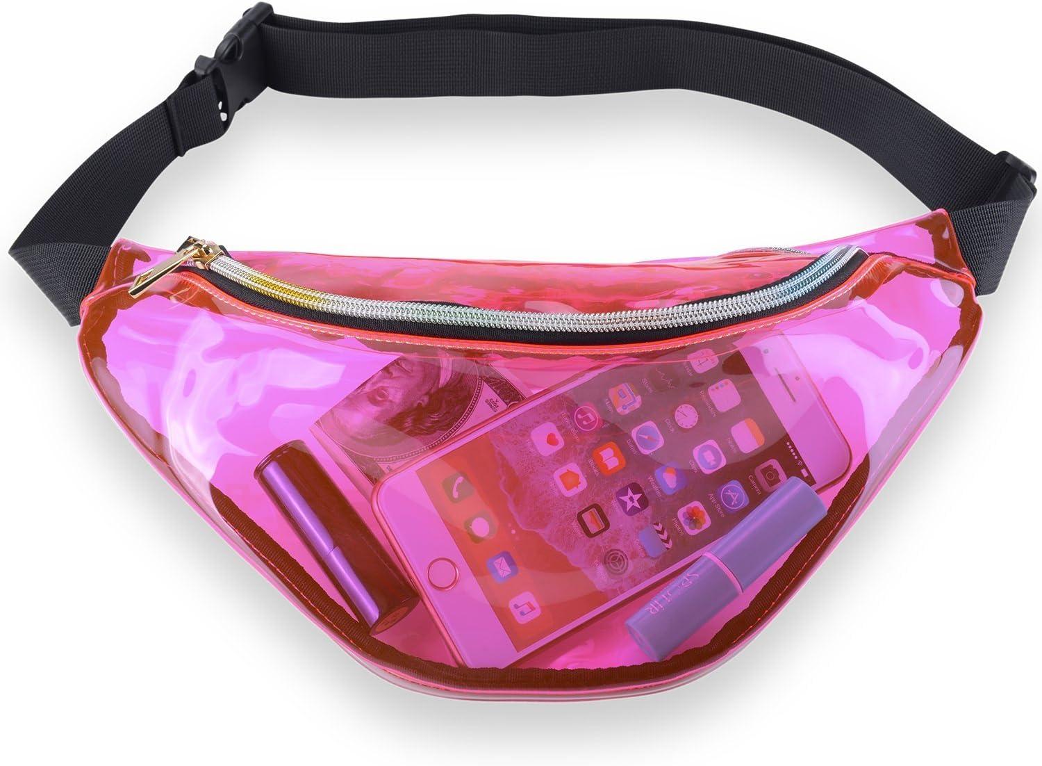 Miracu Neon Holographic Fanny Pack, 80s Cute Fashion Fanny Packs for Women Girls, Shiny Waist Pack Bum Bag for Rave, Festival, Party, Travel (Transparent Rose)
