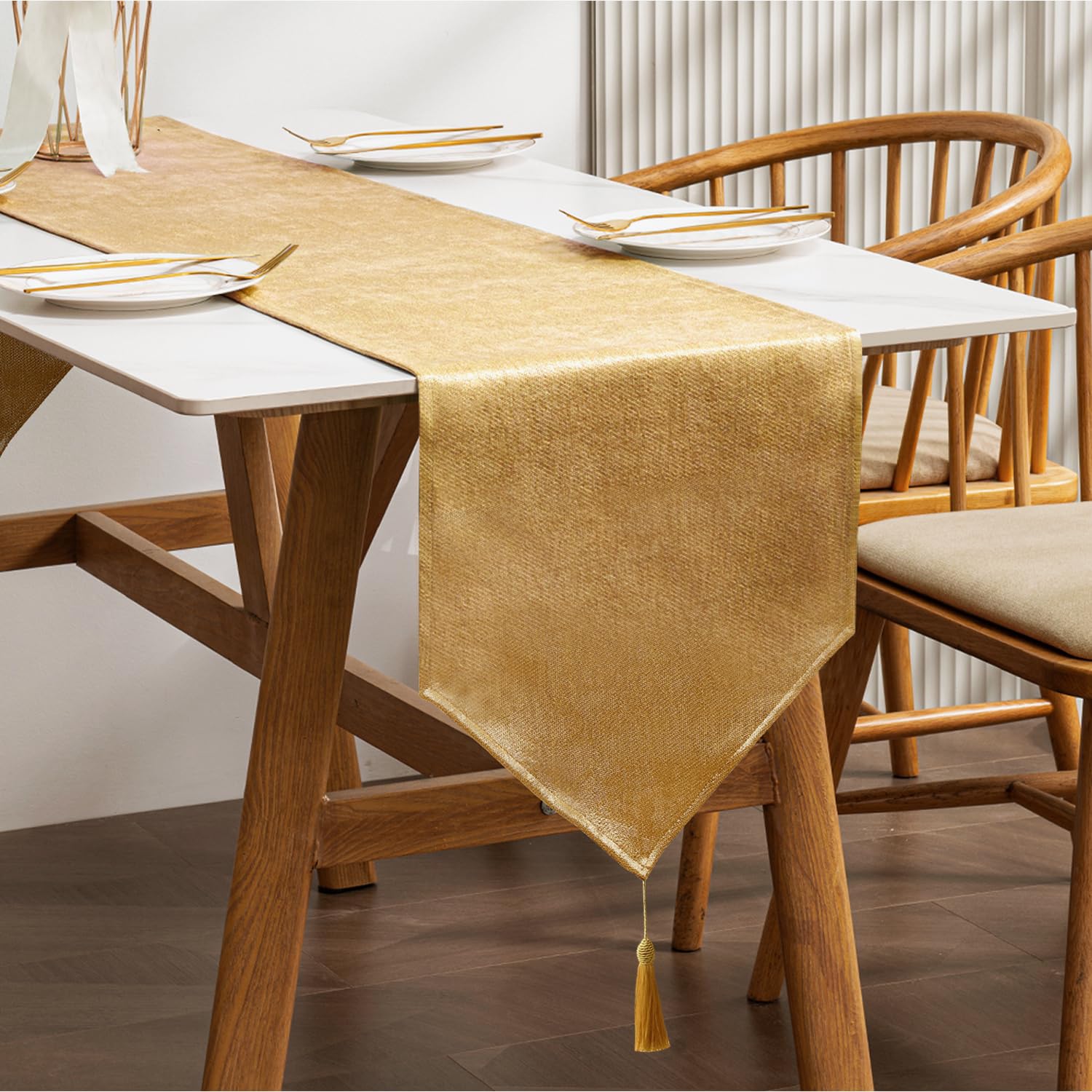 Photo 1 of BALCONY & FALCON Gold Table Runner Lustrous Linen 14"x71" Water Resistant Washable Vintage Rustic Tassels Runner for Table, Dining, Party, Wedding, Birthday, Easter, Thanksgiving, Christmas Décor