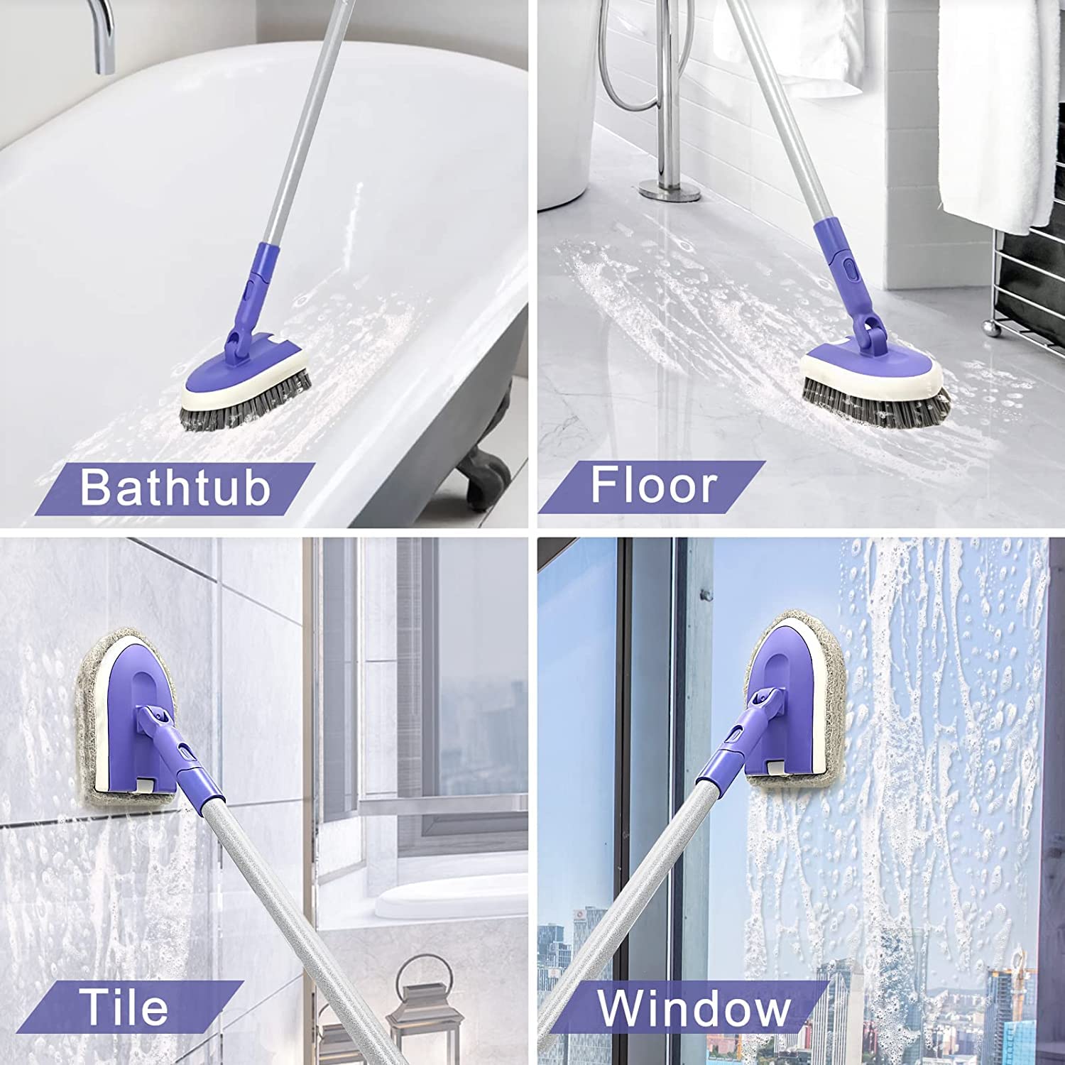 ZUBULUN Cleaning Brush with 118 cm Long Handle, 2-in-1 Scrubber with Handle, Hard Bristles with 2 Floor Scrubbers, Cleaning Brush, Wall, Kitchen, Shower Bath, Floor