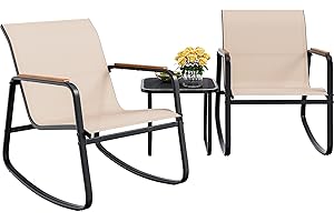 YITAHOME 3 Piece Rocking Bistro Set, Outdoor Patio Furniture Set with Wooden Armrests, Porch Chairs Set with Glass Table for Lawn, Garden, Balcony, Poolside, Beige