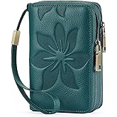 GOIACII Women's Wallet Double Zip Around Credit Card Holder Ladies Wallet Rfid Blocking Wristlet Purse Medium Size Leather Teal
