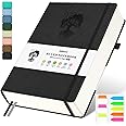 B5 Lined Journal Notebook, 370 Numbered Pages Thick Leather Journal for Writing, College Ruled Hardcover Notebook for Work,School with 100gsm Paper, Writing Journal for Women, Men (7.6" x 10.3" Black)