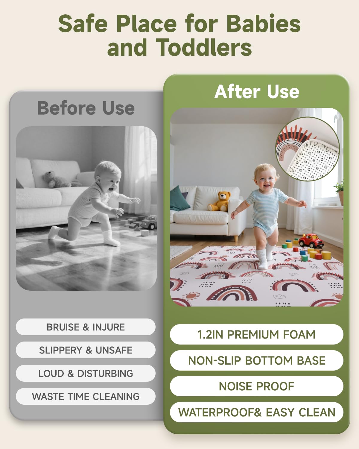 Baby Floor Play Mat,Soft Thick Foam Padded Tummy Time Mat,Waterproof Wipeable Kids Playmat for Babies 6-12 Months,Non-Slip Bottom for Crawling to Nursery Playpen,Rainbow