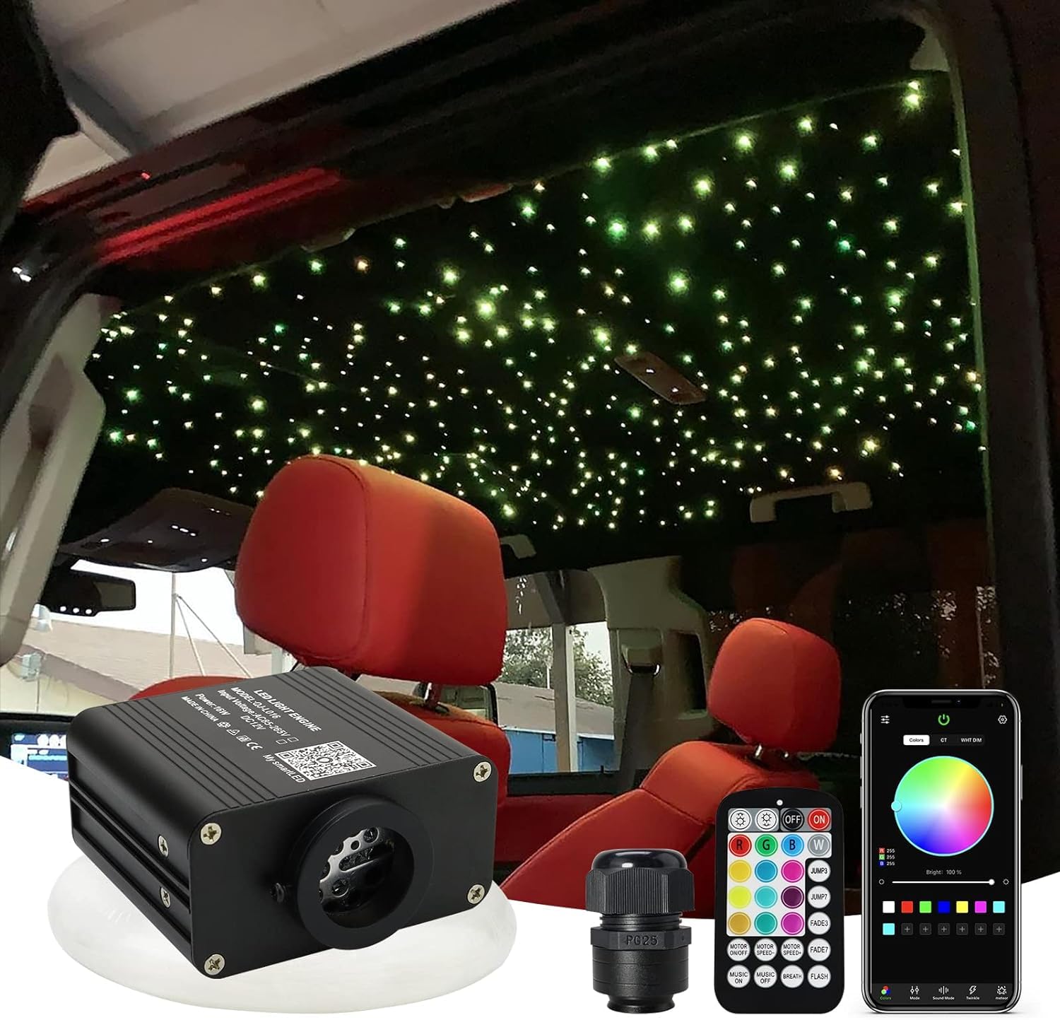 Callsky Upgraded 16W Starlight Headliner Kit Twinkle&Sound Activated 600pcs 0.03in 9.8ft Cable Fiber Sound Activated APP/Bluetooth Remote Control Fiber Optic Light for Car Roof Home Ceiling