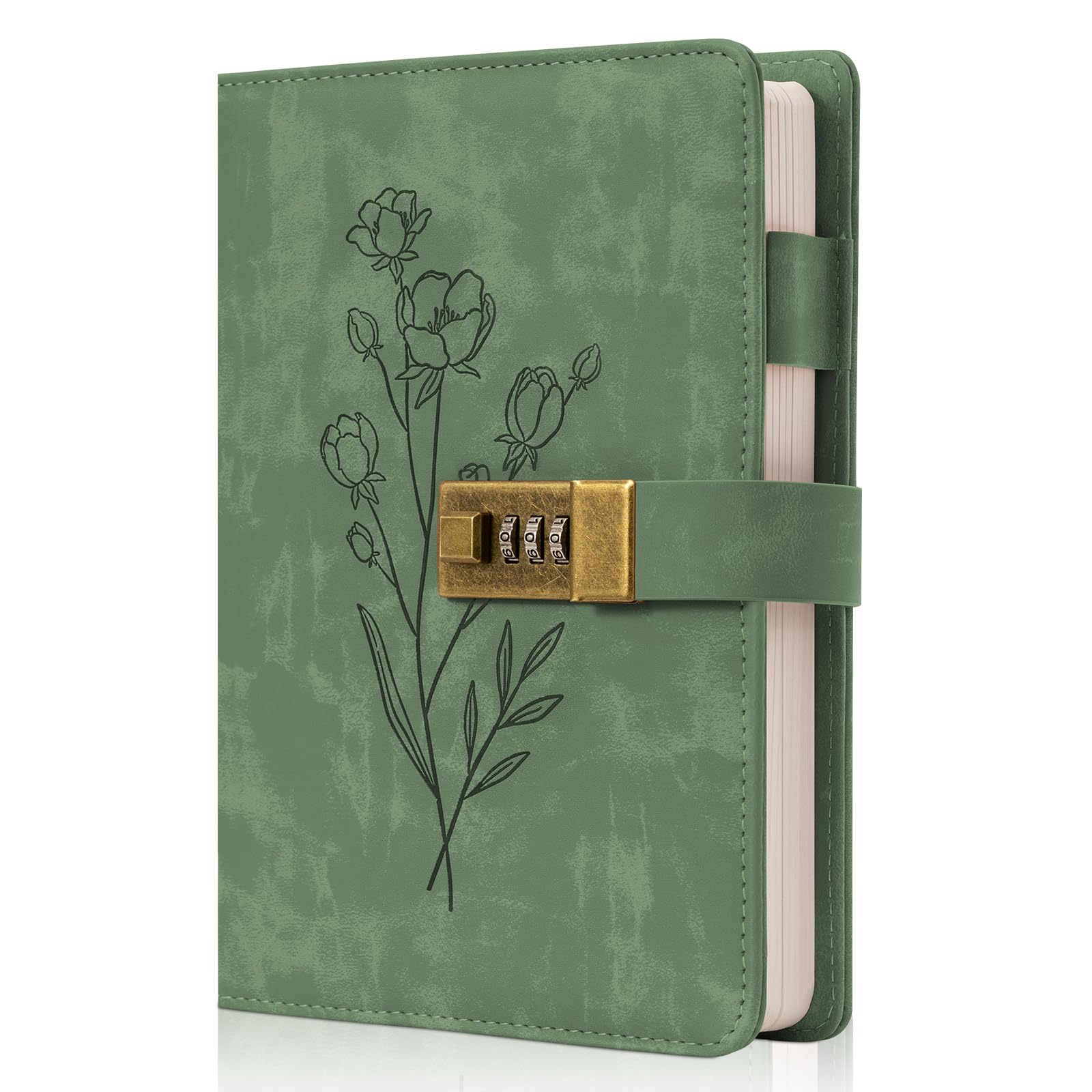 Photo 1 of Lock Diary for Women Diary with Lock for Girls A5 Leather Locked Journal 260 Pages 100 GSM Refillable Journal with Lock for Teens Secrets Flower Journals with Combination Passwords, 5.7"x8.3", Green