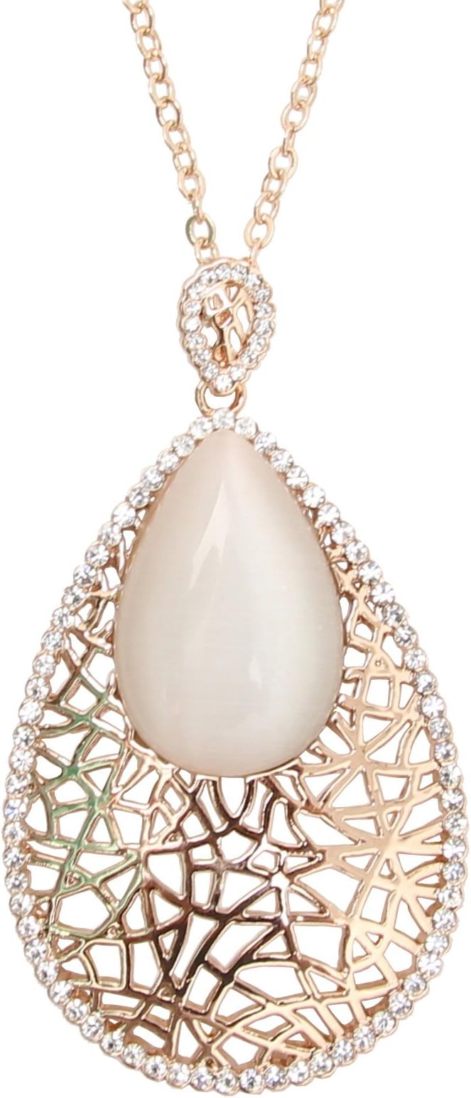Narlino Rose Gold Plated Big Opal Raindrop Swarovski Crystal Pendant Necklace
