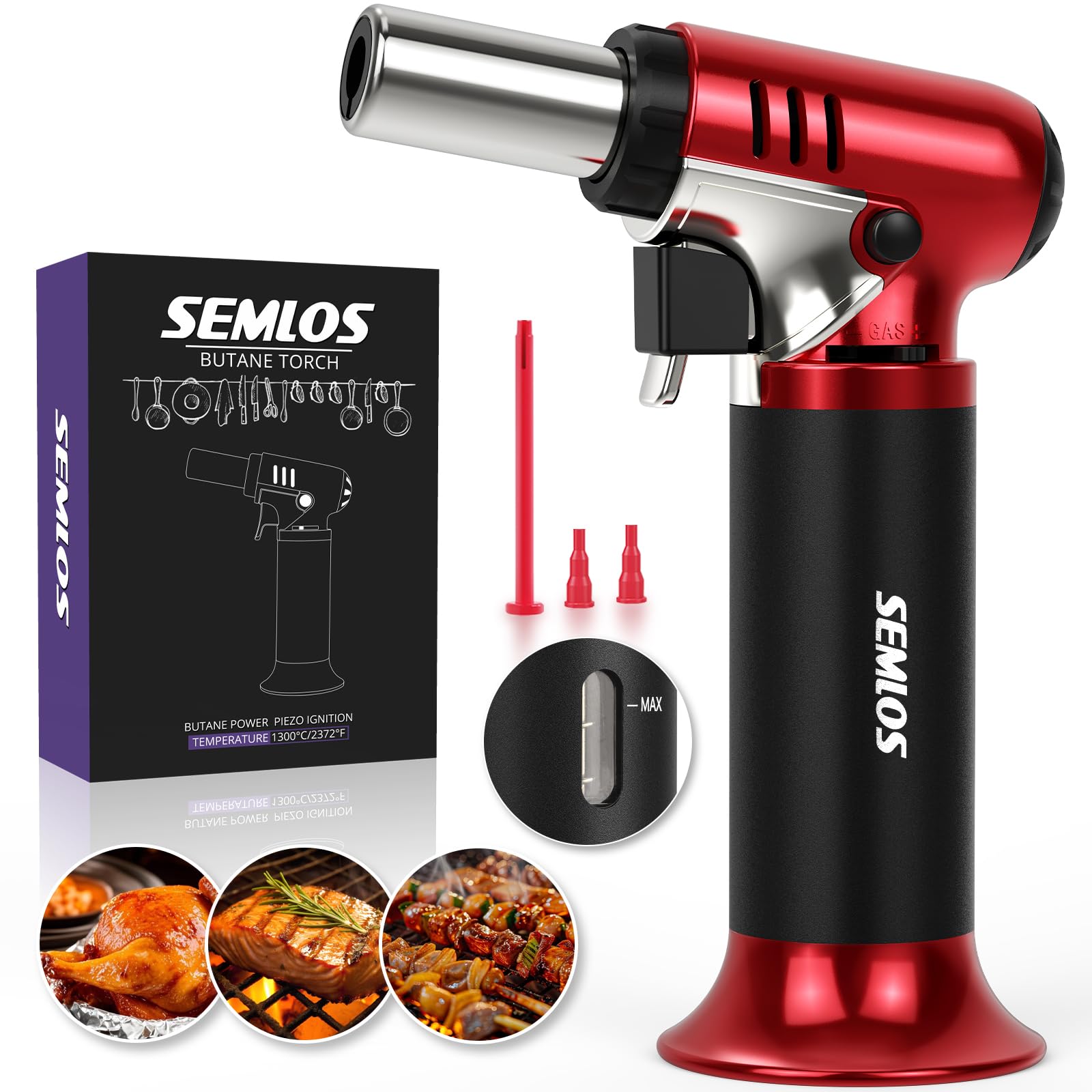 Semlos Blow Torch with Fuel Gauge, Refillable Kitchen Torch Lighter, One-handed Operation Butane Torch with Safety Lock and Adjustable Flame, Fit All Butane Tanks Kitchen Blow Torch for Creme Brûlée, BBQ