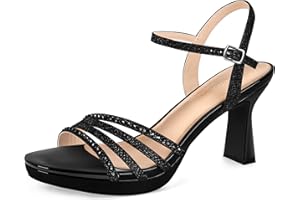 PIZZ ANNU Lena Women's Platform Heels High Block Chunky Sparkly Rhinestone Open Toe Ankle Strap Fashion Dress Pump Sandals Shoes for Party Wedding