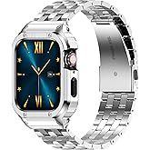 HASLFM Stainless Steel Band with Case Compatible with Apple Watch Series 11 10 46mm, Metal Protective Bumper Cover for iWatch Bands Men,Silver