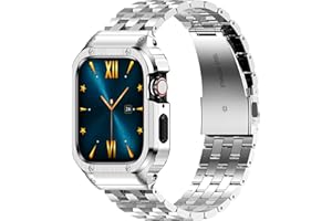 AMZNEW HASLFM Stainless Steel Band with Case Compatible with Apple Watch Series 9 8 7 45mm, Metal Protective Bumper Cover for iWatch Bands Men (Silver)