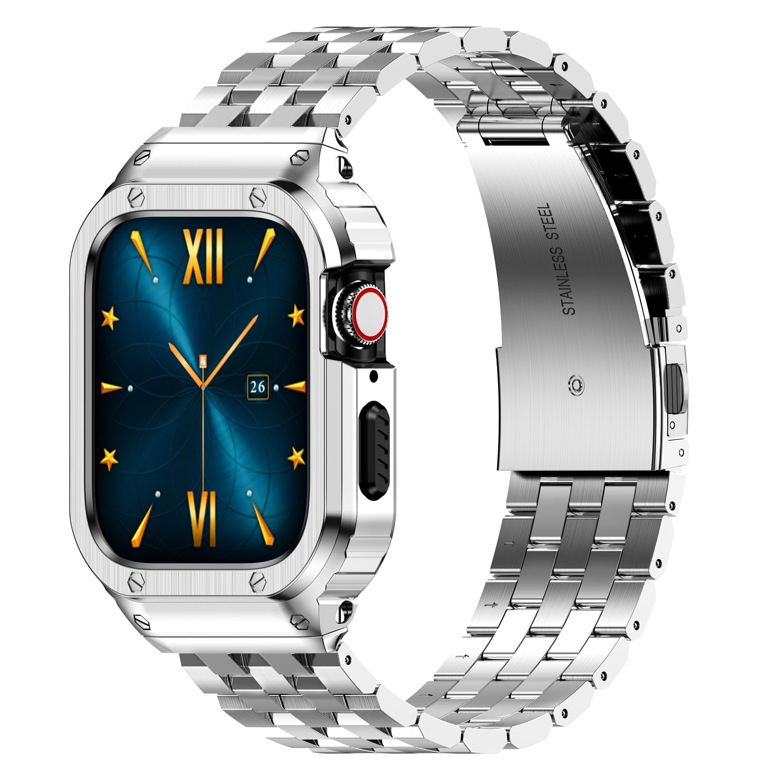 HASLFM Apple Watch Straps Compatible for Apple Watch 41m(Series 9/8/7), 40m(Series 6/5/4/SE), 38mm(Series 3/2/1),Rugged Metal Stainless Steel iWatch Band with Protective Case for Men，Silver