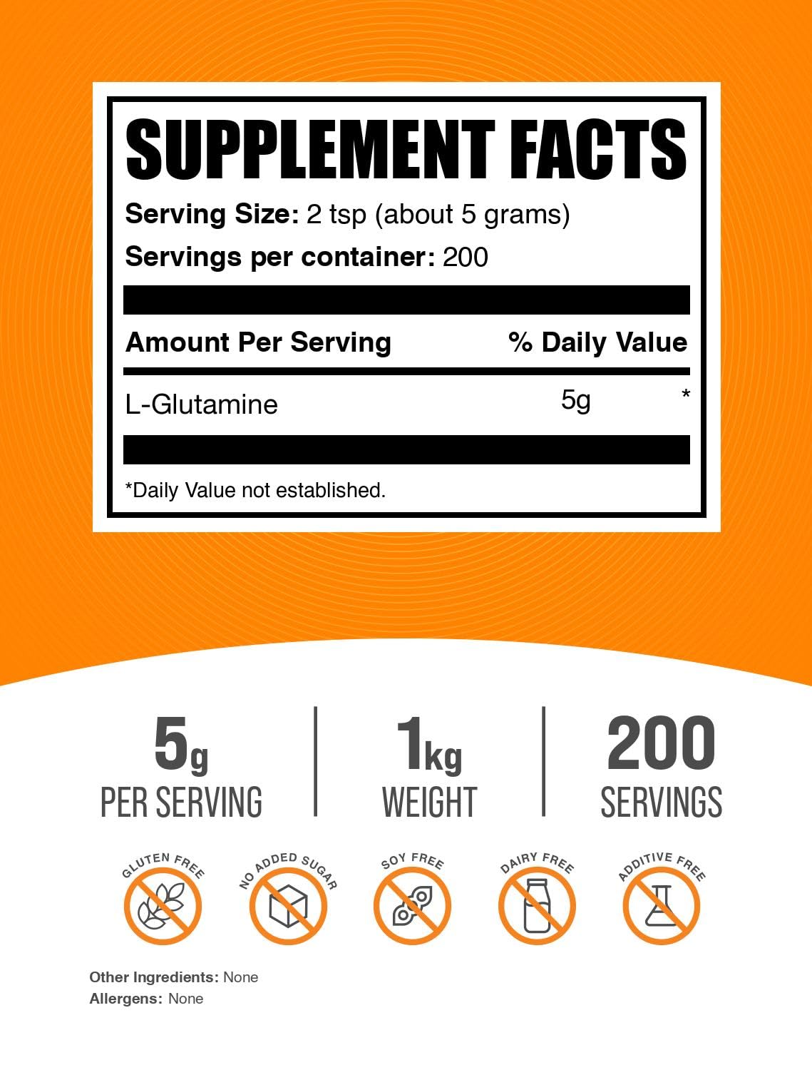 BulkSupplements.com L-Glutamine Powder - Glutamine Supplement, for Recovery & Gut Health - Unflavored & Gluten Free, 5g (5000mg) per Serving, 1kg (2.2 lbs) (Pack of 1)