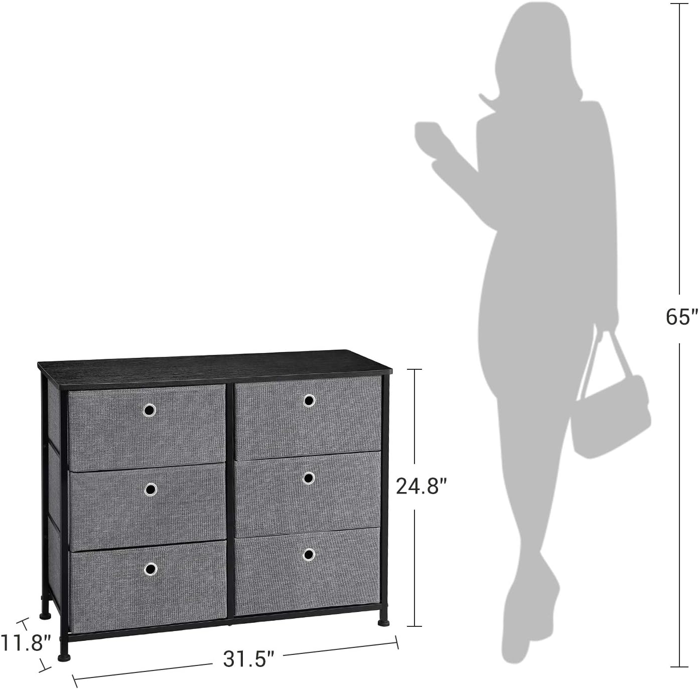 SONGMICS 3-Tier Wide Dresser, Storage Unit with 6 Easy Pull Fabric Drawers, Metal Frame, and Wooden Tabletop, for Closet, Nursery, Hallway, 31.5 x 11.8 x 24.8 Inches, Gray ULTS23G: Furniture & Decor