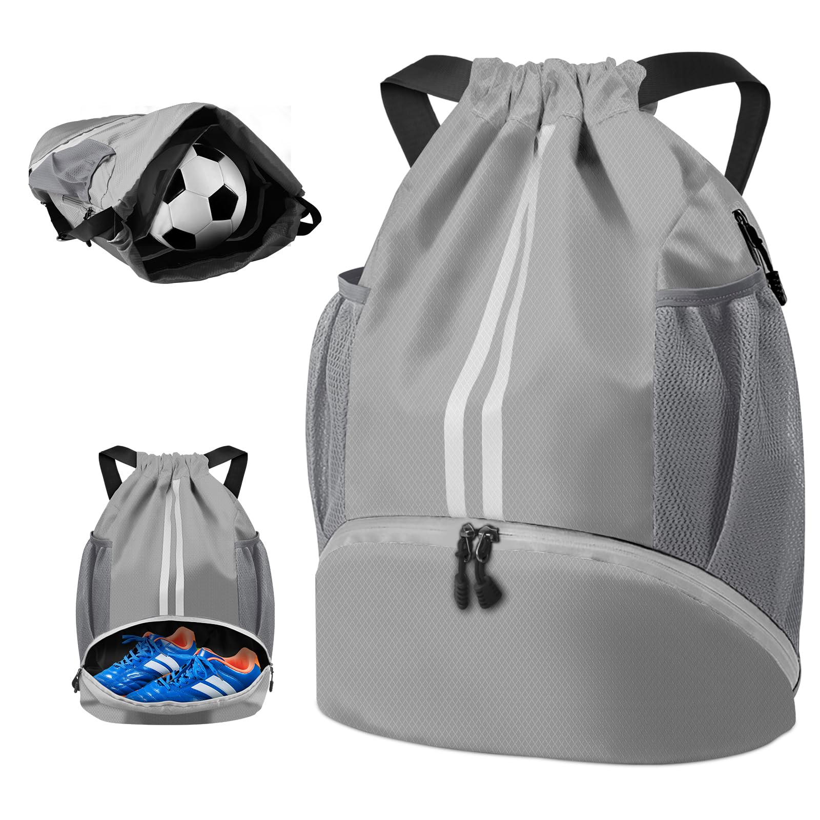 BROTOU Unisex Drawstring Backpack, Waterproof Gym Bag, Large Oxford PE Pack, Students School Backpack, Durable Sports Ball Bag, with Shoe Bag (A, Silver Grey)